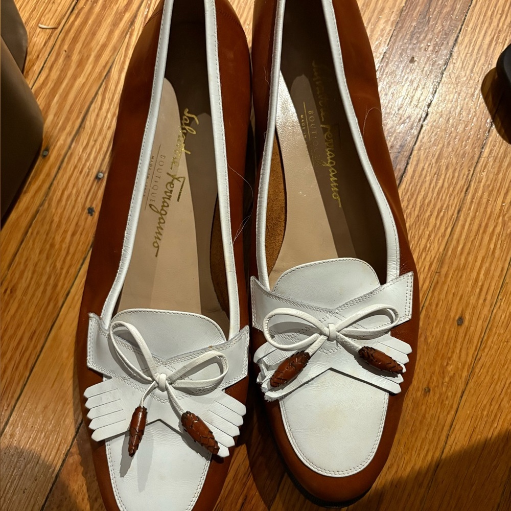 Salvatore Ferragamo Brown and White Leather Loafers